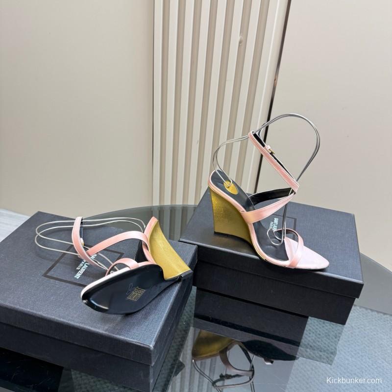 2025 Women Yves Saint Laurent Pink And Olive Silk Wedge Sandals Elegant Design KFY00290(F)