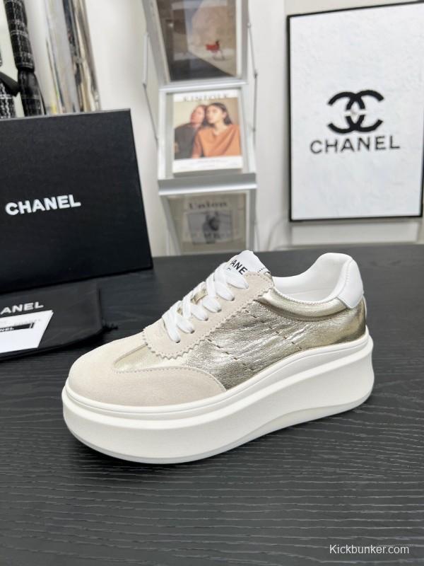 2025 Women Chanel Beige Gold Leather Suede Sneakers LY00290