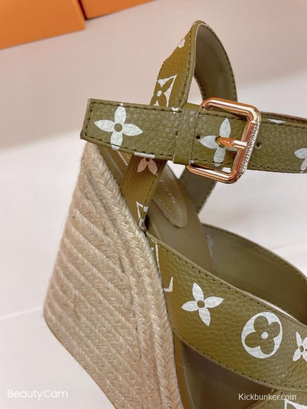 2025 Women Louis Vuitton Pink Beige Green Leather Denim Espadrilles Sandals MJ00280