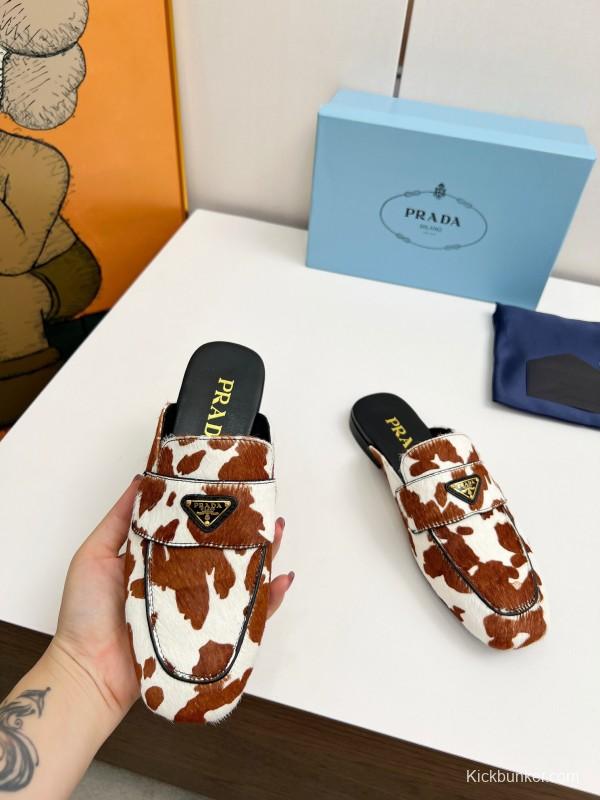 2025 Women Prada Brown White Calf Hair Leather Slippers LY00260