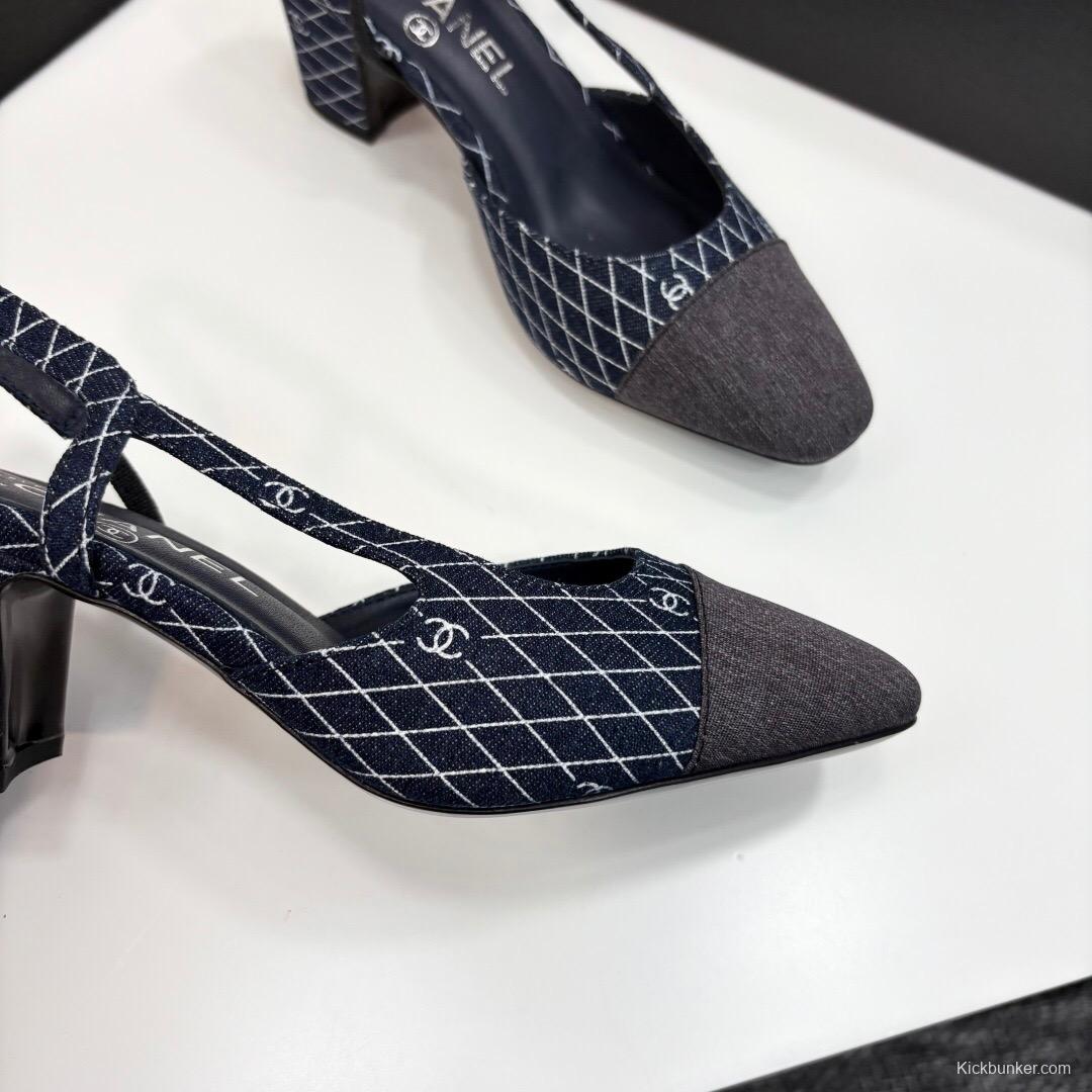 2025 Women Chanel Blue Grey Denim Leather Slingback LY00240