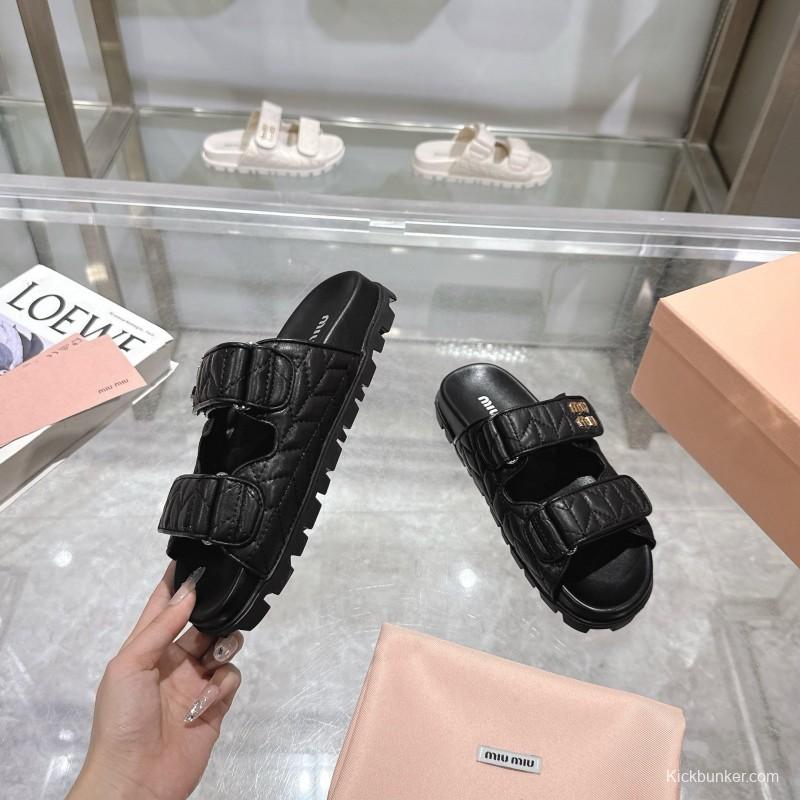 2025 Women Miu Miu Black Leather Slide Sandals