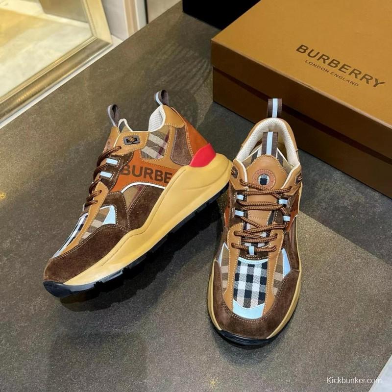 2025 Unisex Burberry Brown Beige Suede Leather Mesh Sneakers Checked Pattern MX00380