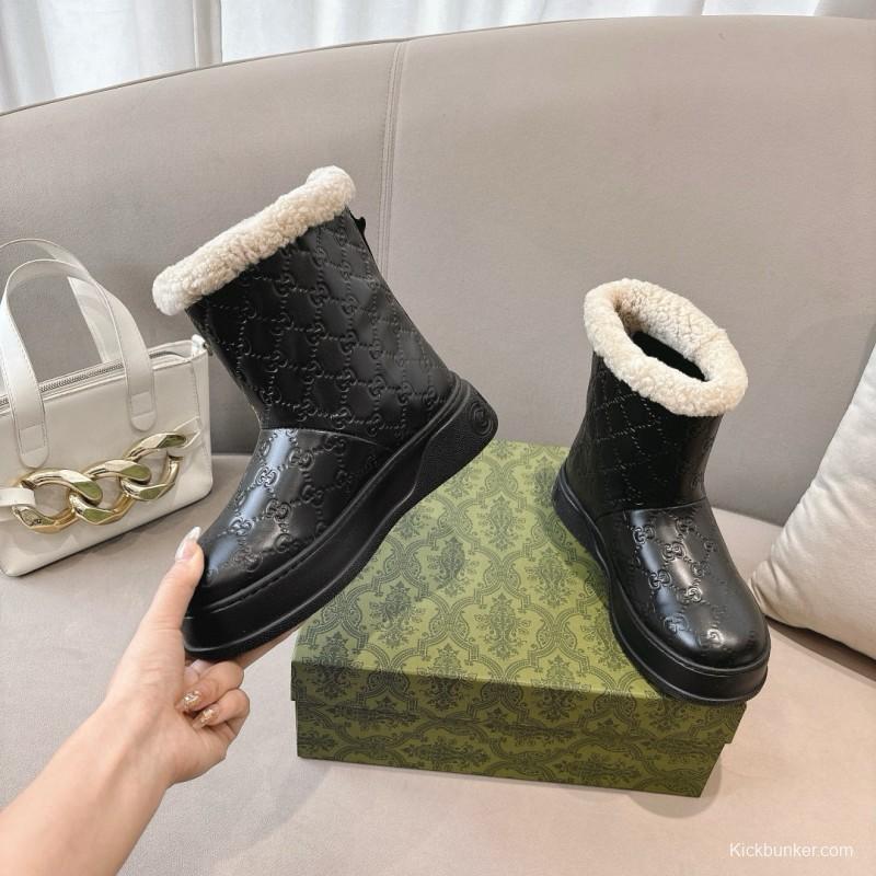 2024 Women Gucci black leather shearling snow boots MJ00350