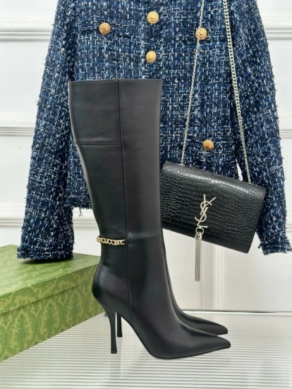 2024 Women Gucci Black Leather Boots Chain Detail MJ00550