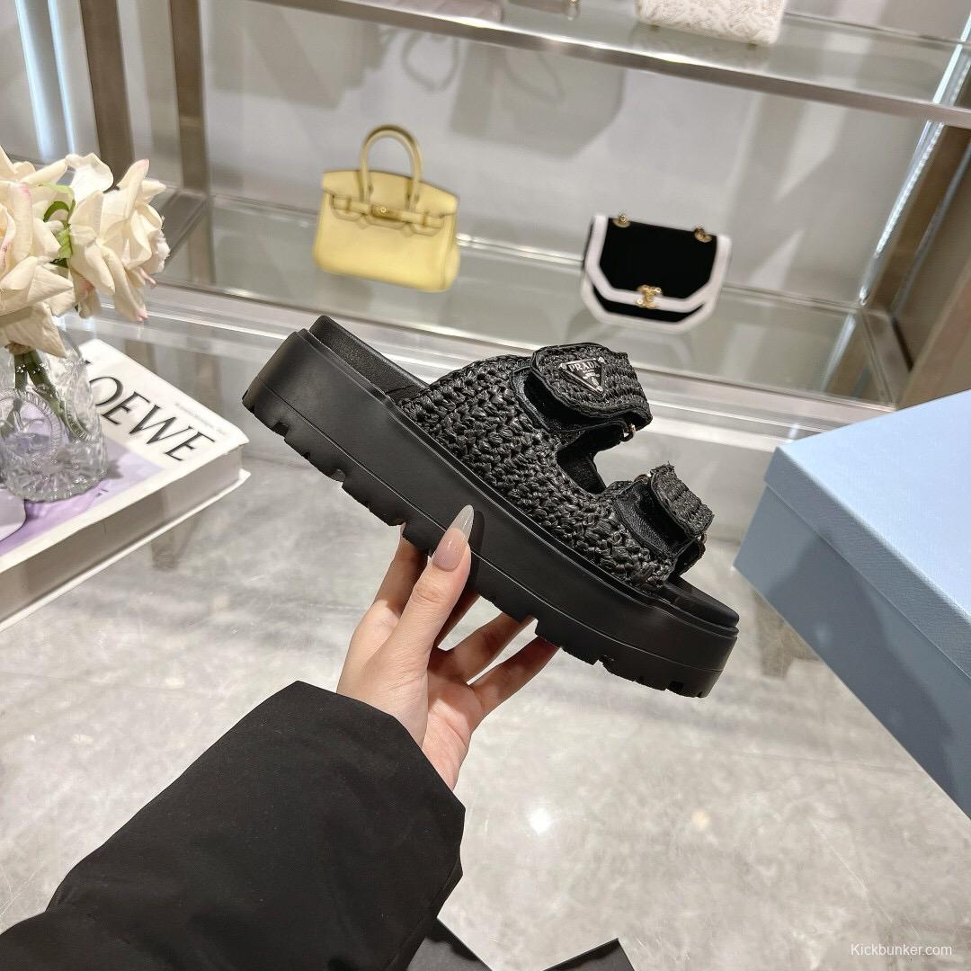 2025 Women Prada Black Woven Leather Sandals LY