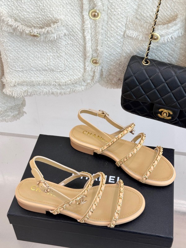 2025 Women Chanel Beige Leather Sandals KFY00270