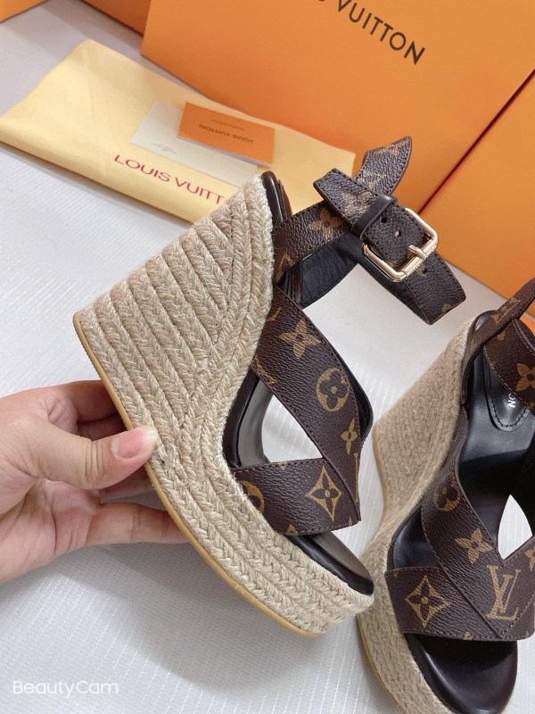 2025 Women Louis Vuitton Brown Leather Denim Espadrilles Wedge Sandals MJ00280