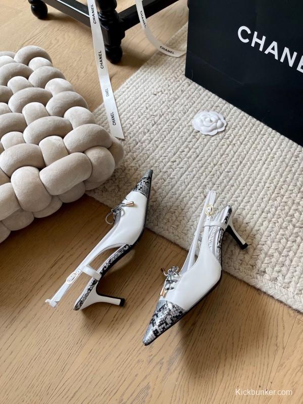 2025 Women Chanel White Black Python Leather Slingback Heels