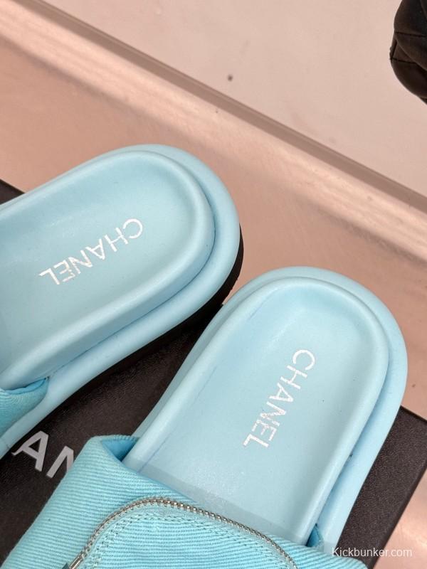 2025 Slippers Chanel Blue Fabric Slippers KFY00220