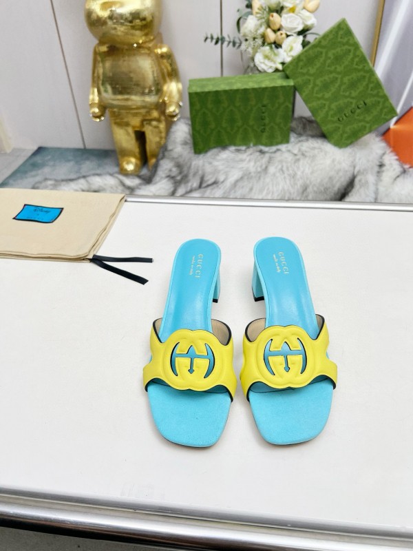 2025 Gucci Blue Yellow Leather Slippers