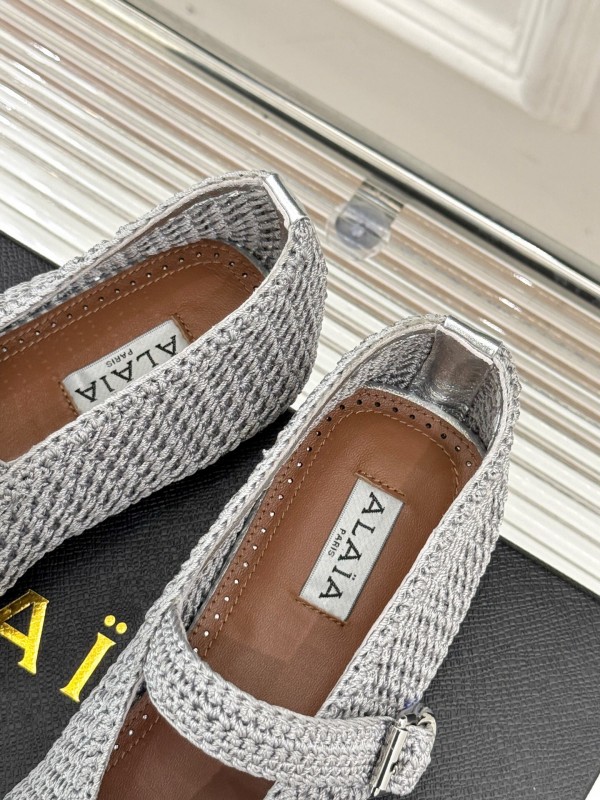 2025 Women AlAIA White Grey Knit Mary Jane Ballet Flat