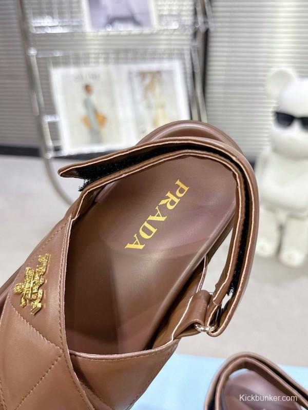 2025 Women Prada Brown Leather Sandal