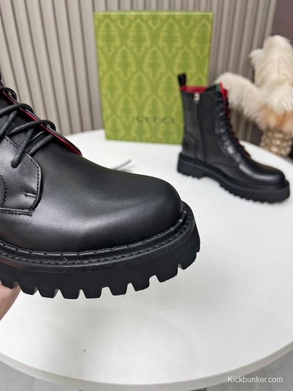 2024 Women Gucci Black Leather Lace-Up Combat Boots Red Green Web MJ00340
