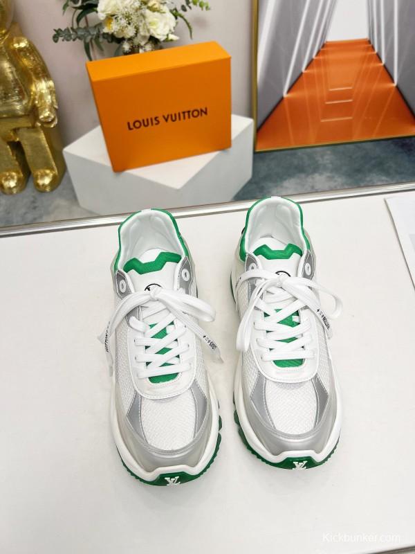 2025 Unisex Louis Vuitton White Green Leather Mesh Rubber Sneakers LY00340
