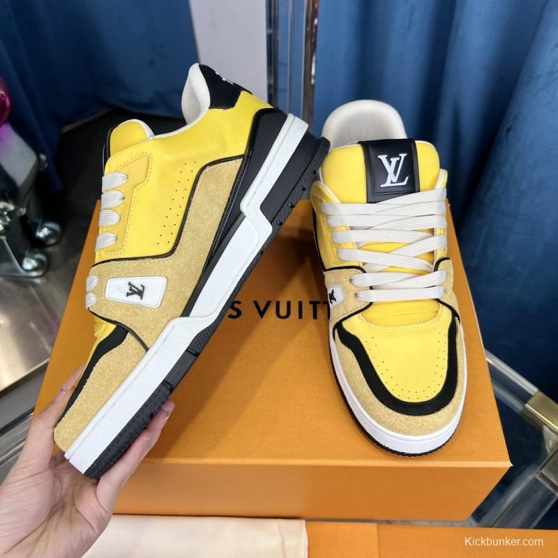 2025 Men Louis Vuitton Yellow Black Leather Suede Sneakers
