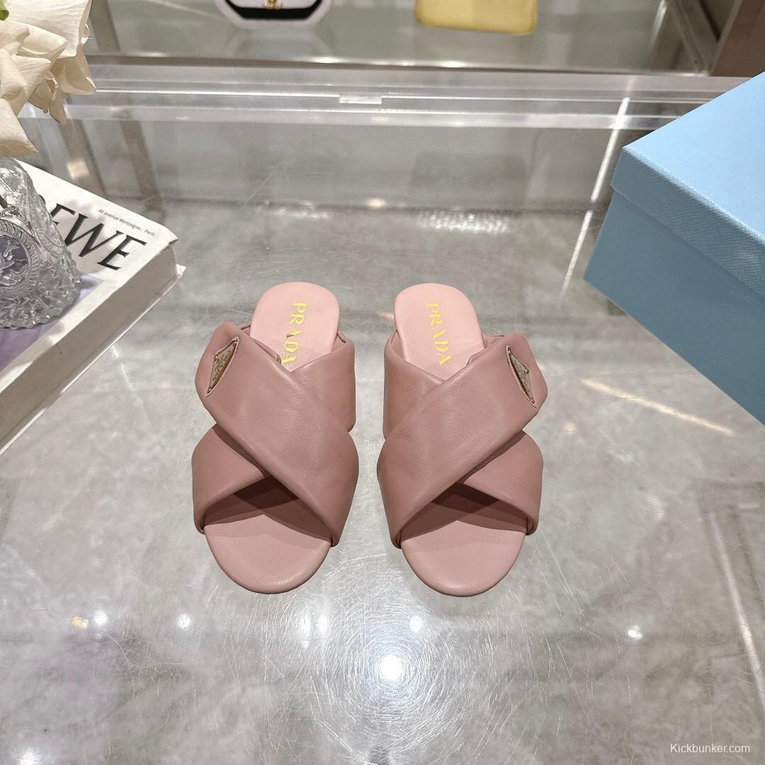 2025 Women Prada Pink Leather Slippers