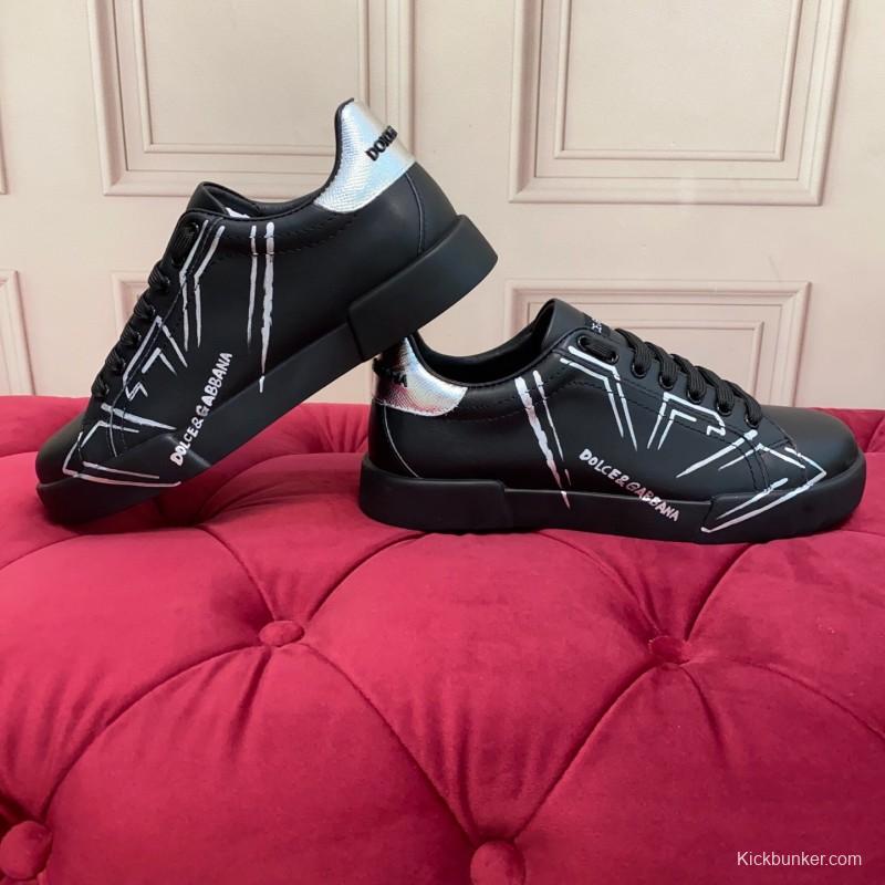 2025 Men Dolce & Gabbana Black Silver Leather Sneakers
