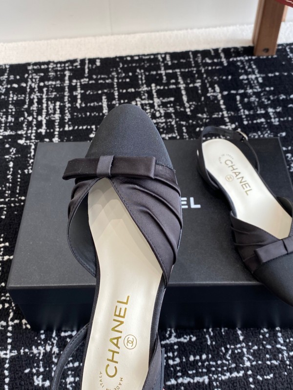 2025 Women Chanel Black Satin Silk Leather Sandals Bow KFY00289