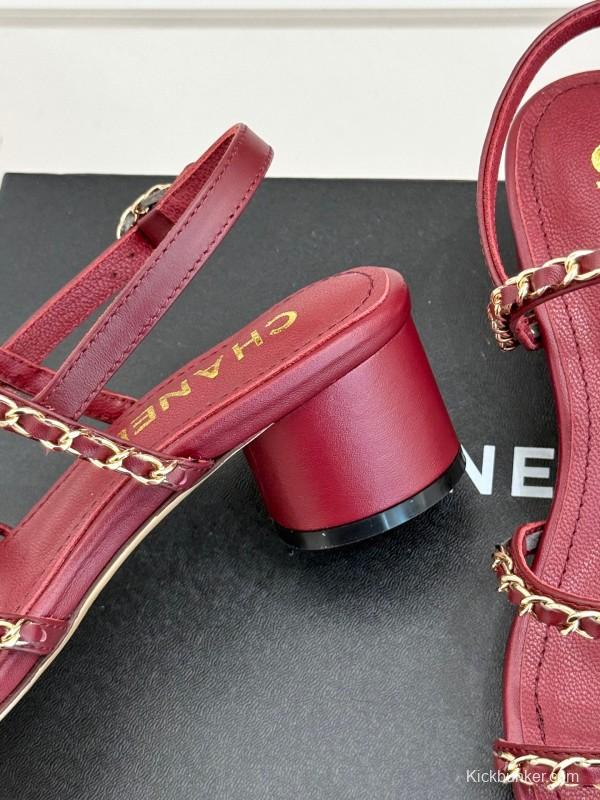 2025 Women Chanel Red Leather Chain Strap Sandals KFY00270