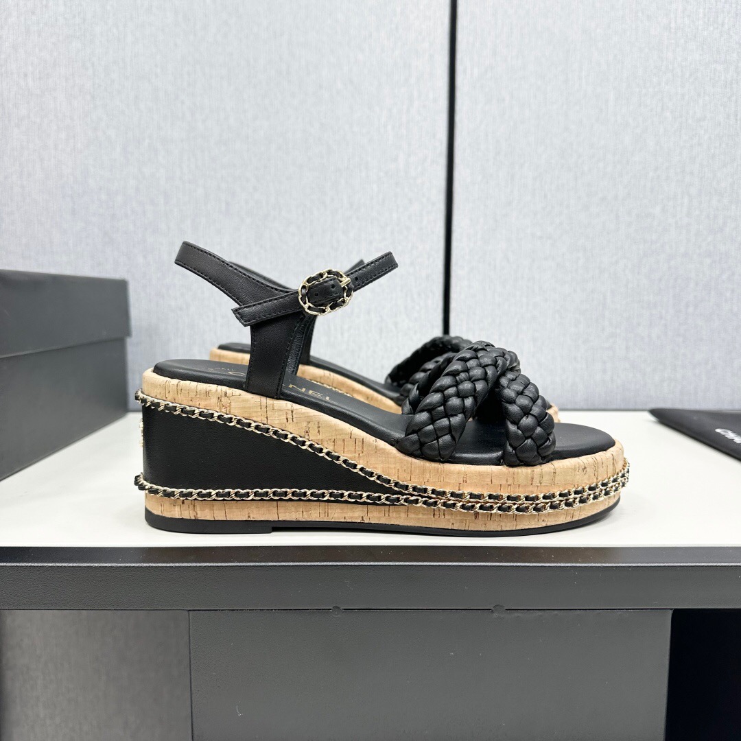 2025 Women Chanel Black Leather Braided Wedge Sandals
