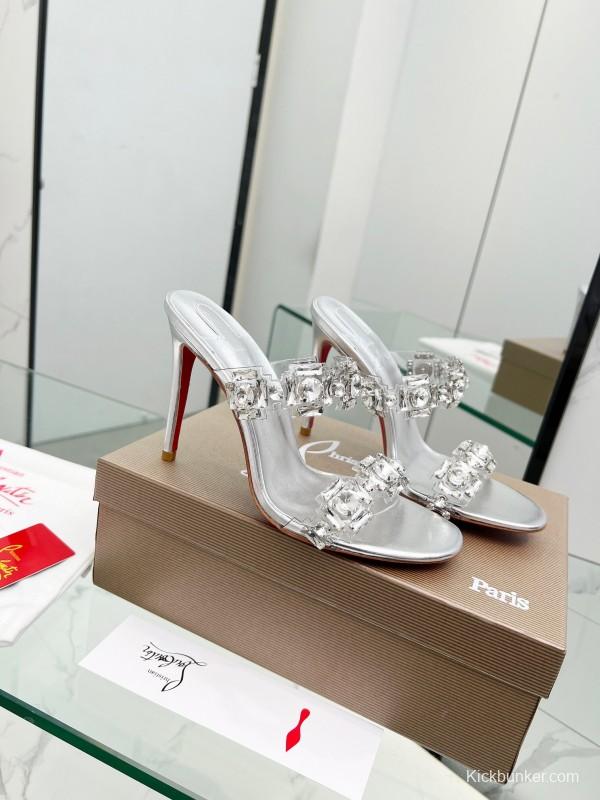 2025 Women Christian Louboutin Silver Leather High Heel Sandals Diamond Decoration LY00300