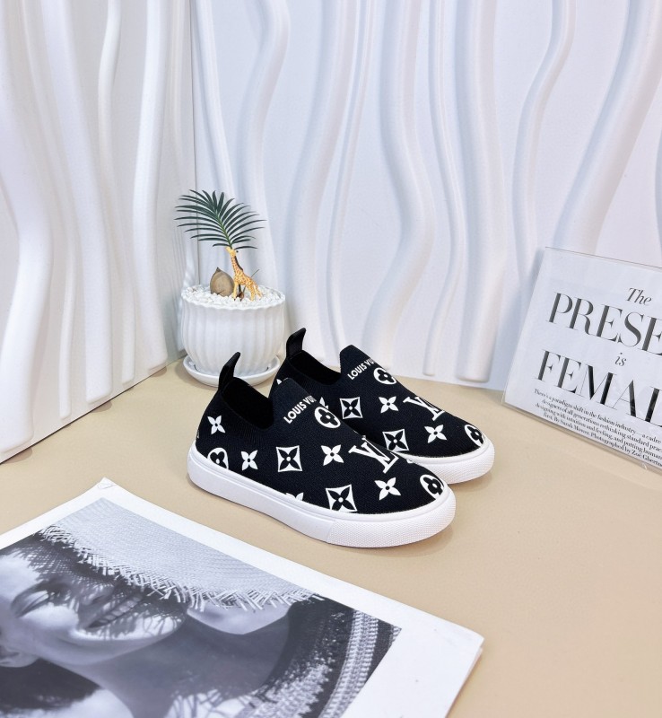 2024 Kids Louis Vuitton White Black Pink Canvas Slip-On Sneakers