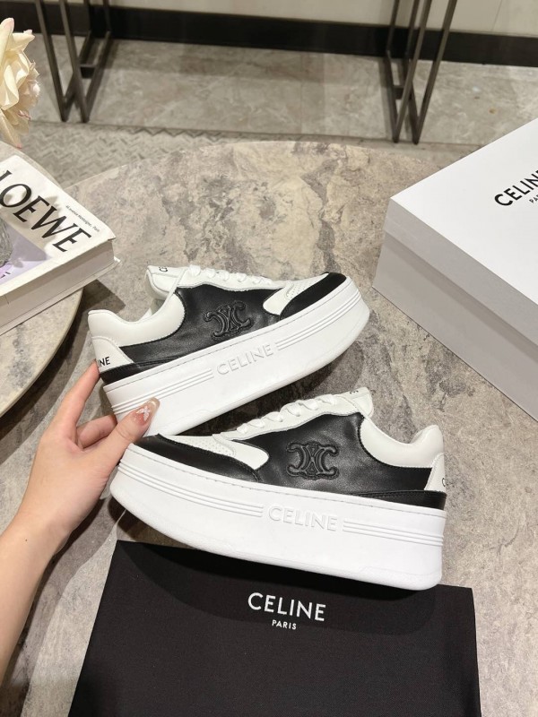 2025 Women Celine Black White Leather Platform Sneakers KFY00330
