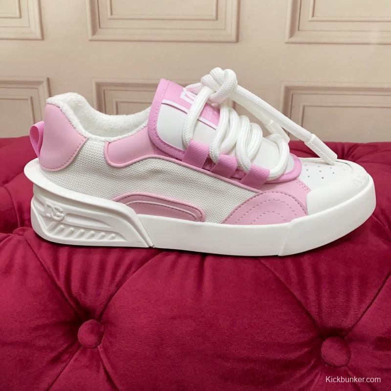 2025 Women Dolce & Gabbana White Pink Leather Mesh Sneakers