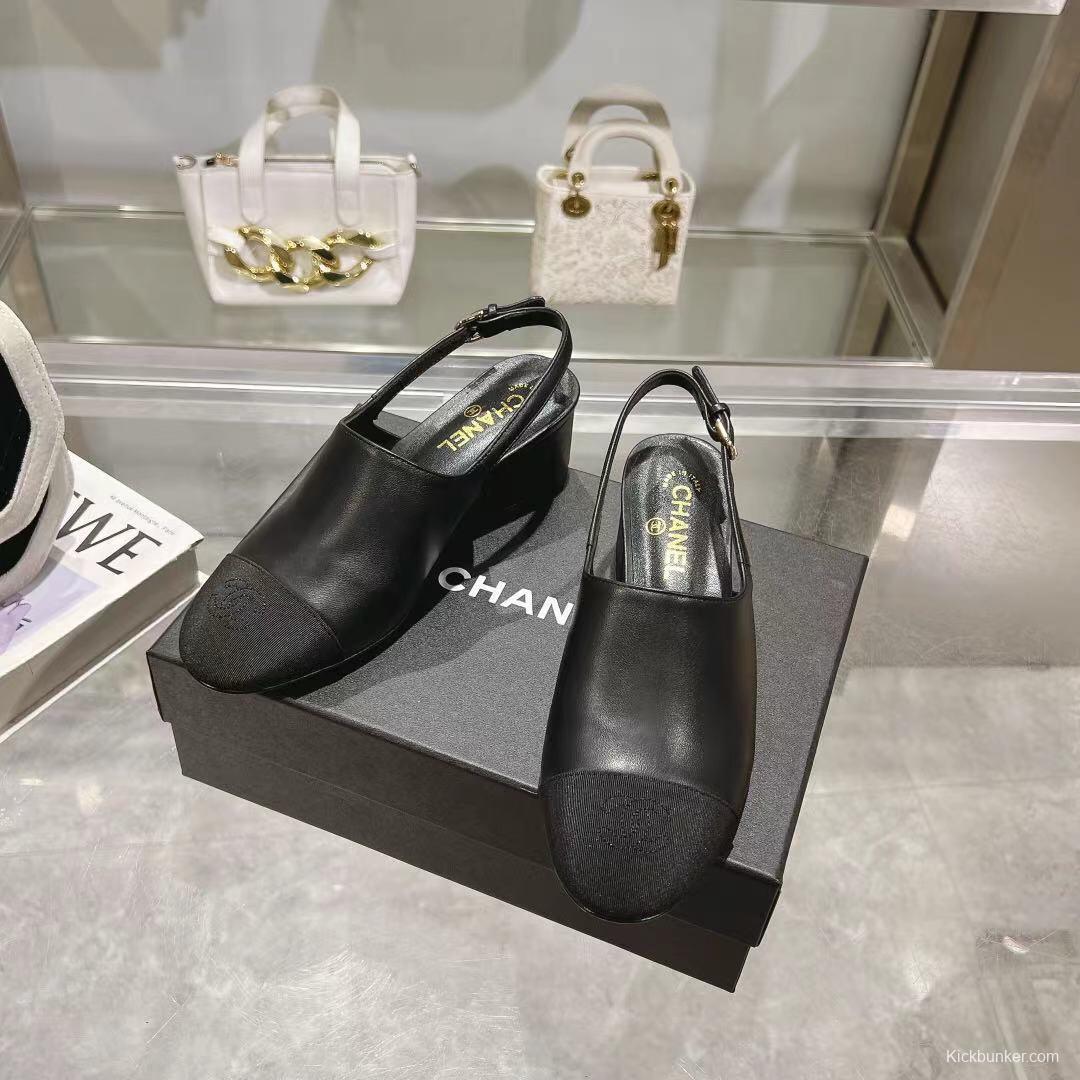 2025 Women Chanel Black Leather Slingback Heels LY00300