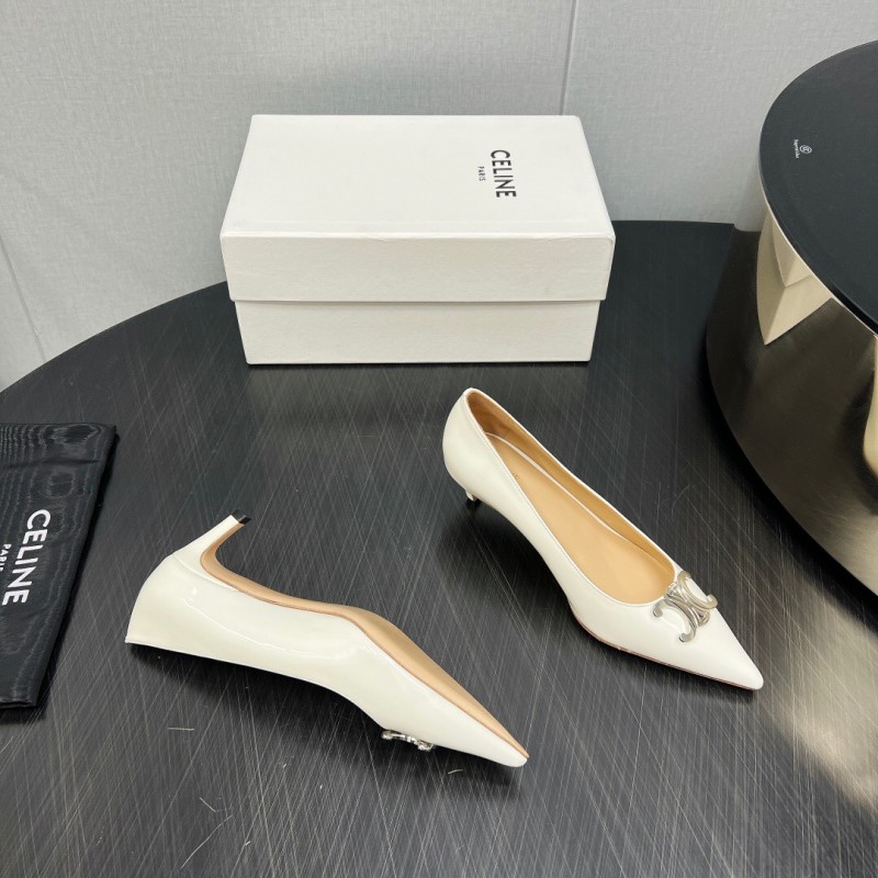 2025 Women Celine White Leather Pointed Toe Kitten Heel KFY00290