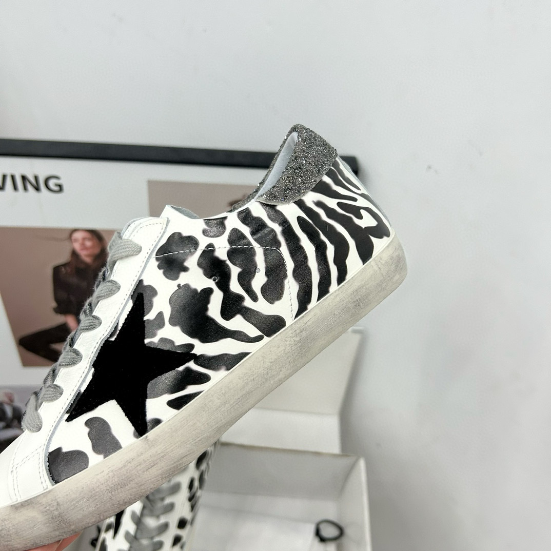 2025 Women GGDB Black White Leather Cow Print Sneakers