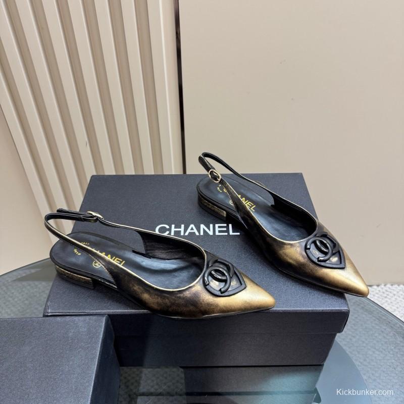 2025 Women Chanel Black Gold Satin Leather Sandals KFY00290