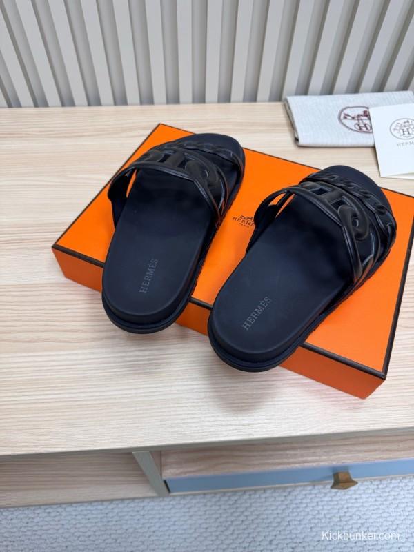 2025 Slippers Hermès Black Leather Slippers