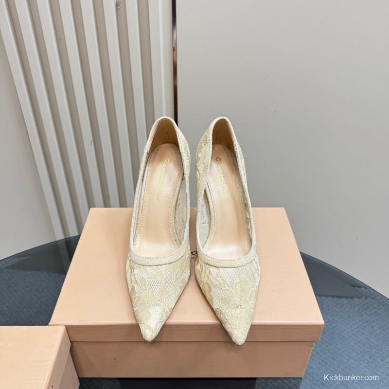 2025 Women Gianvito Rossi Beige Lace Leather High Heels KFY00280