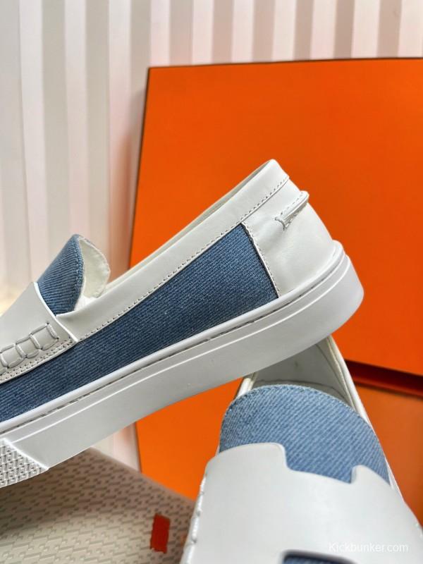 2025 Women Hermès Blue White Leather Canvas Loafers LY00310