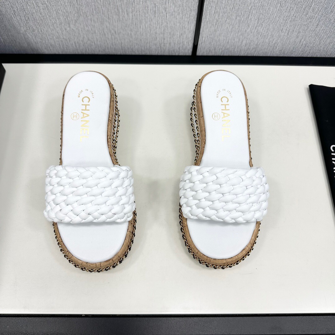 2025 Women Chanel White Leather Wedge Sandals