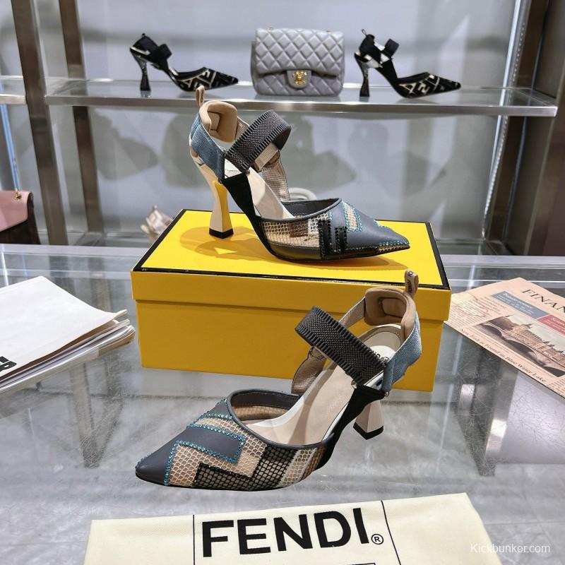 2025 Women Fendi Grey Blue Black Leather Mesh High Heels