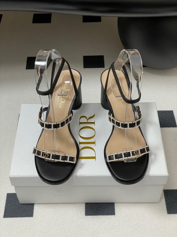 2025 Women Dior Black Leather Crystal Embellished High Heel Sandals
