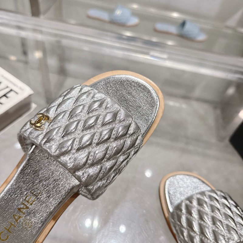2025 Slippers Chanel Silver Leather Slippers