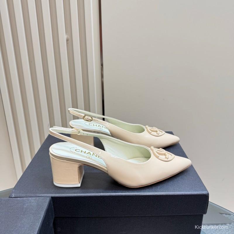 2025 Women Chanel Beige Patent Leather Slingback Heels