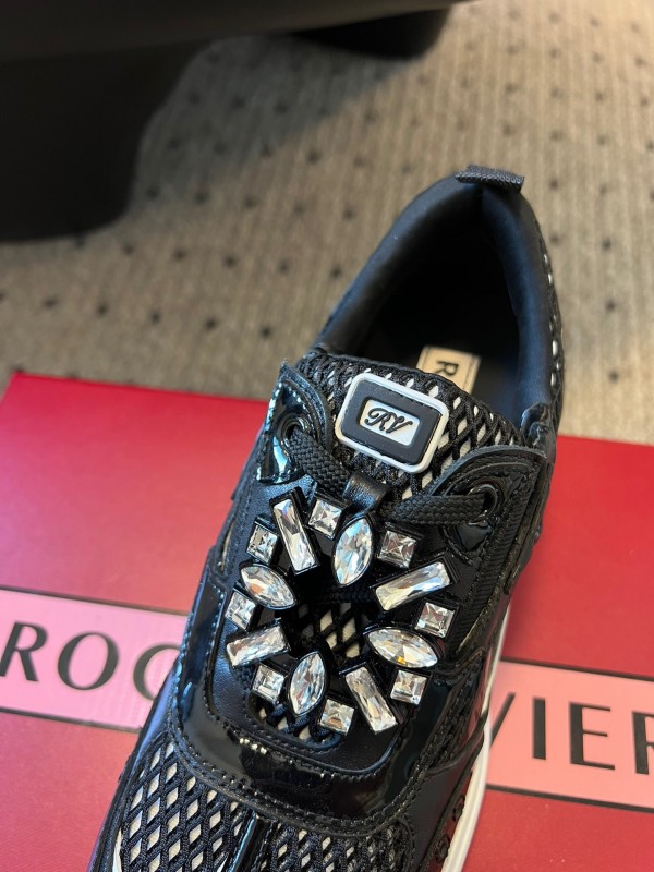2025 Women Roger Vivier Black Leather Mesh Sneakers