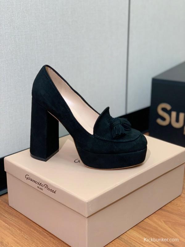 2025 Women Gianvito Rossi Black Suede Platform Tassel Loafer KFY00330