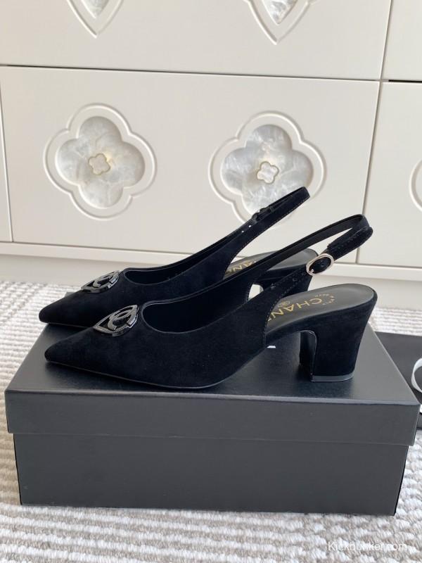 2025 Women Chanel Black Suede Slingback Heels CC Logo KFY00300