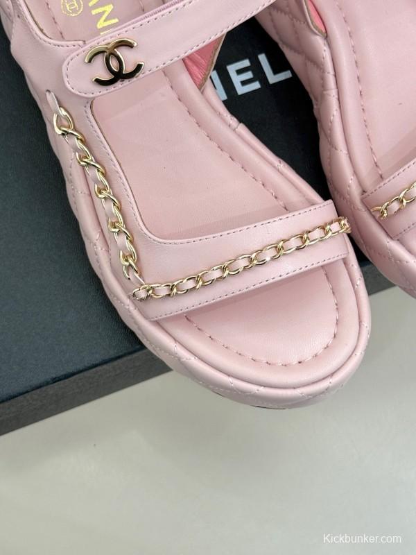 2025 Women Chanel Pink Lambskin Platform Sandals Chain Decoration