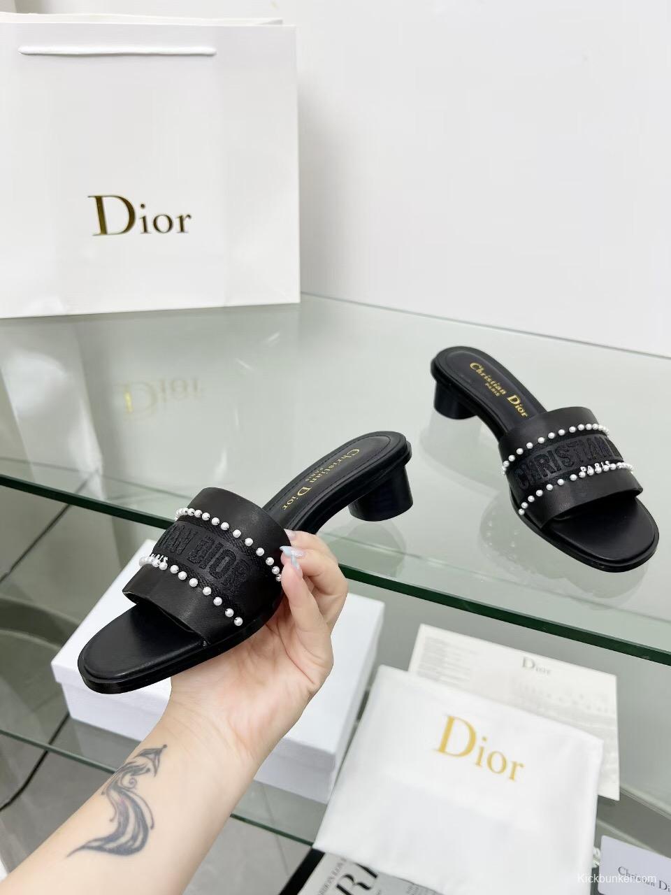 2025 Women Dior Black Leather Mules Pearl LY00210