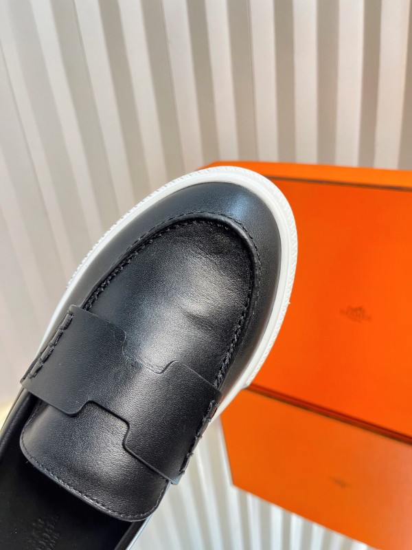 2025 Unisex Hermès Black Leather Fabric Loafers Slip-On LY00310(F)/LY00320(M)
