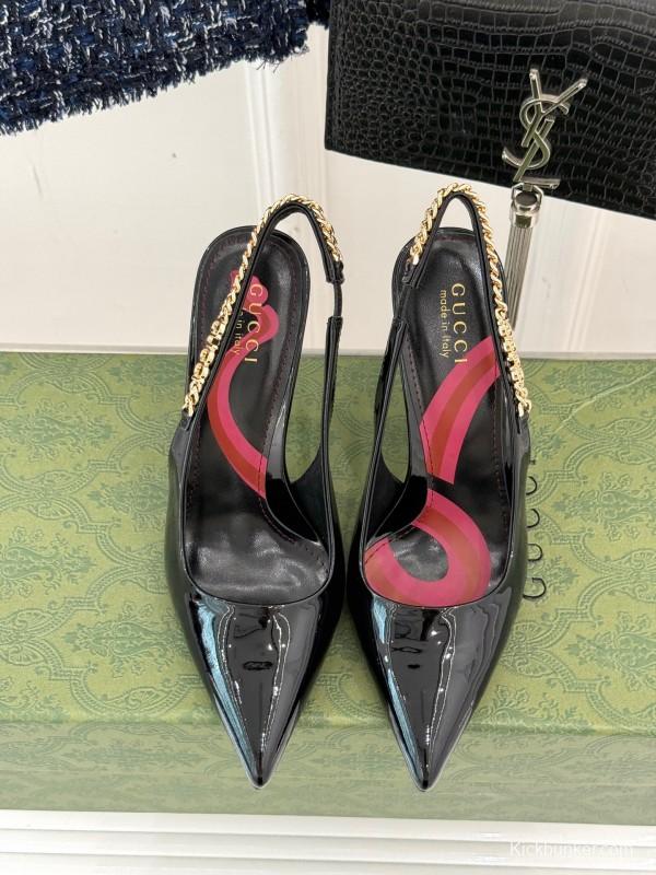 2025 Women Gucci Black Patent Leather Slingback High Heel Chain Detail