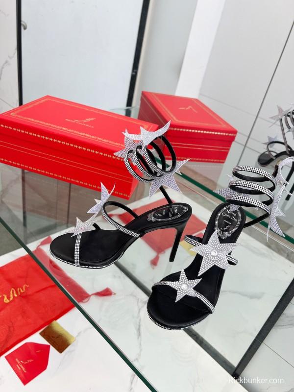 2025 Women RC Black Silver Silk Crystal High Heel Spiral Lace Sandals LY00340