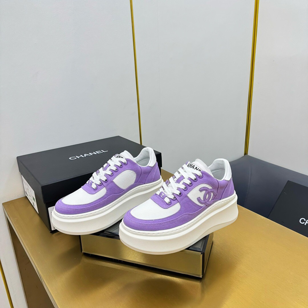 2025 Women Chanel Purple White Leather Canvas Sneakers